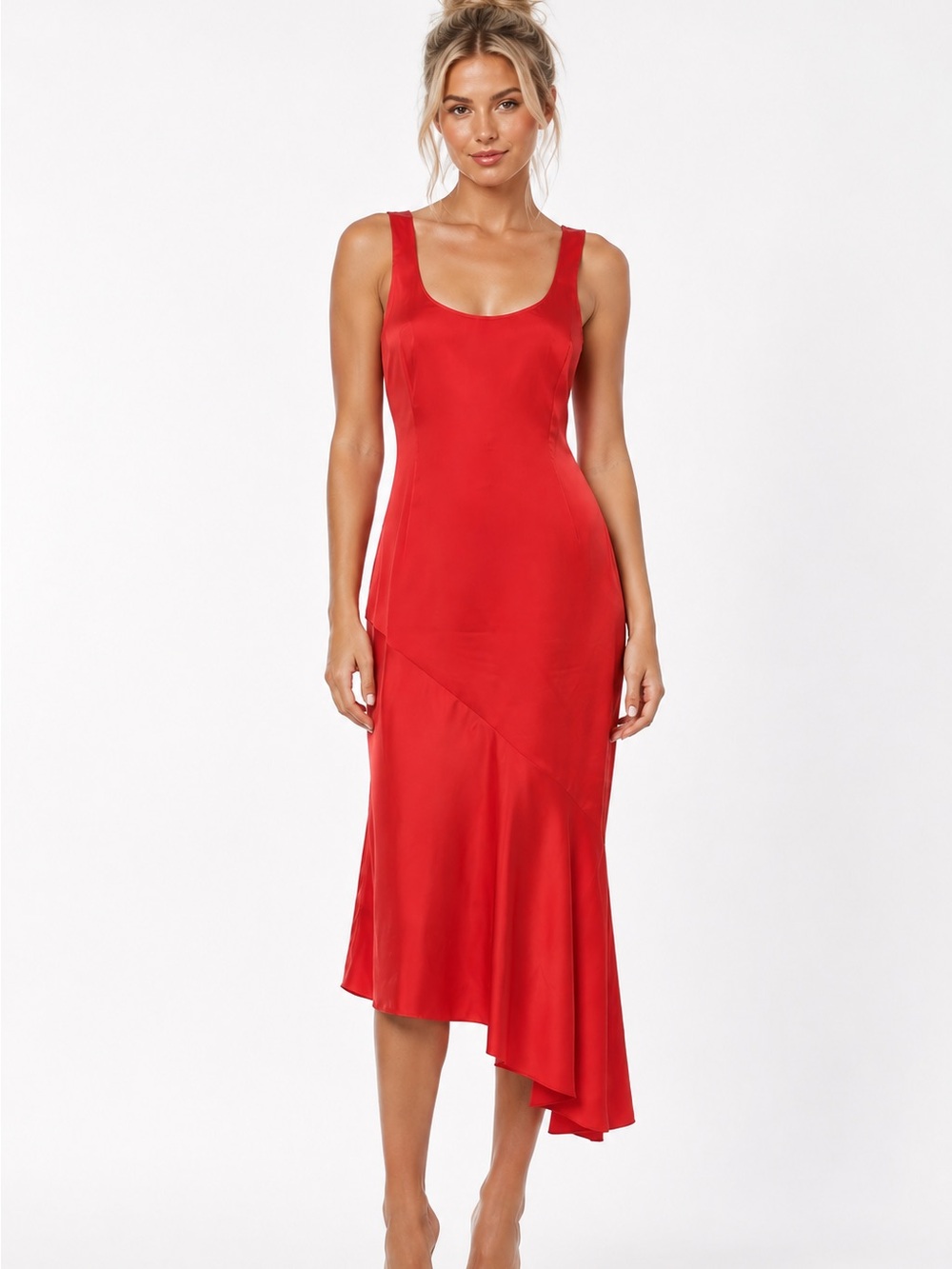 Safiyaa Warner Asymmetrical Satin Orange Red Midi Dress